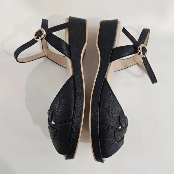 Charlie Stone Elba Wedge Flat,Black Leather Sandals, 40s 50s Vtg Style, Lifted,8