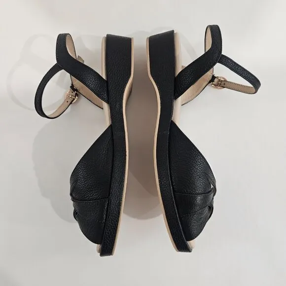 Charlie Stone Elba Wedge Flat,Black Leather Sandals, 40s 50s Vtg Style, Lifted,8
