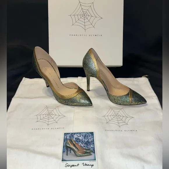 Charlotte Olympia Serpent Vamp Python Green High Heels Woman’s Sz 36, US 5.5 NEW