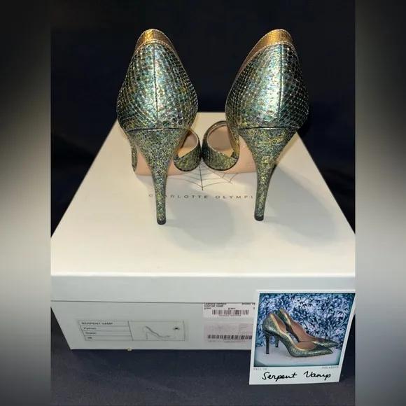 Charlotte Olympia Serpent Vamp Python Green High Heels Woman’s Sz 36, US 5.5 NEW