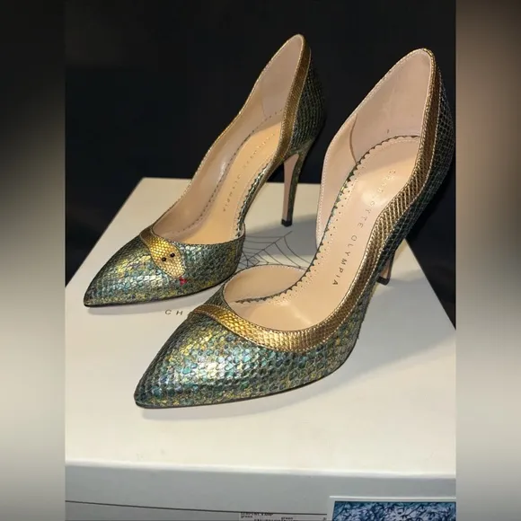 Charlotte Olympia Serpent Vamp Python Green High Heels Woman’s Sz 36, US 5.5 NEW