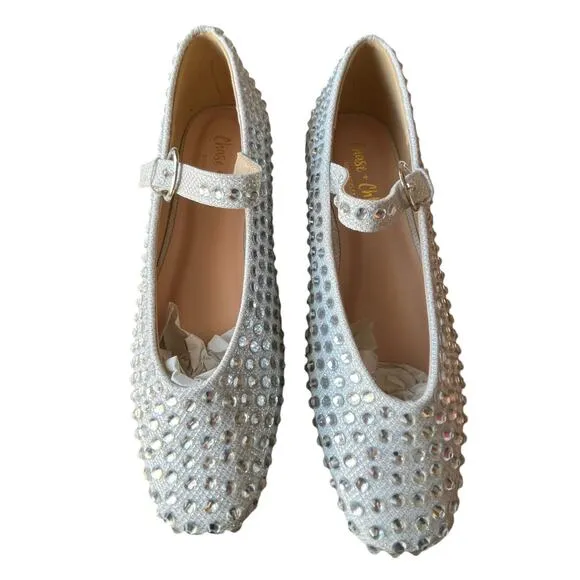 Chase &amp; Chloe Mary Jane Ballet Flats Shoes Size 7.5 Silver Glitter Holidays NWT