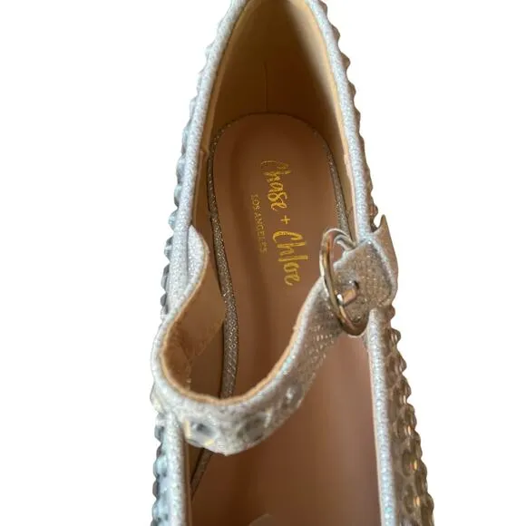 Chase &amp; Chloe Mary Jane Ballet Flats Shoes Size 7.5 Silver Glitter Holidays NWT