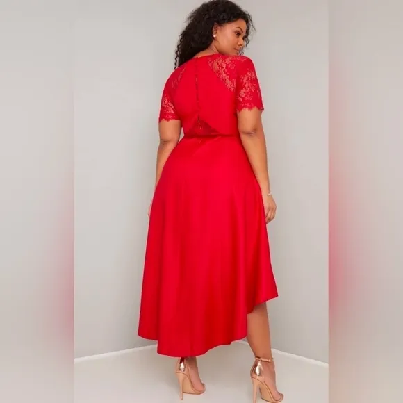Chi Chi London Red Lace Bodice Dip High Lo Dress Size 8