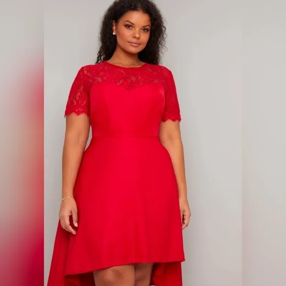 Chi Chi London Red Lace Bodice Dip High Lo Dress Size 8