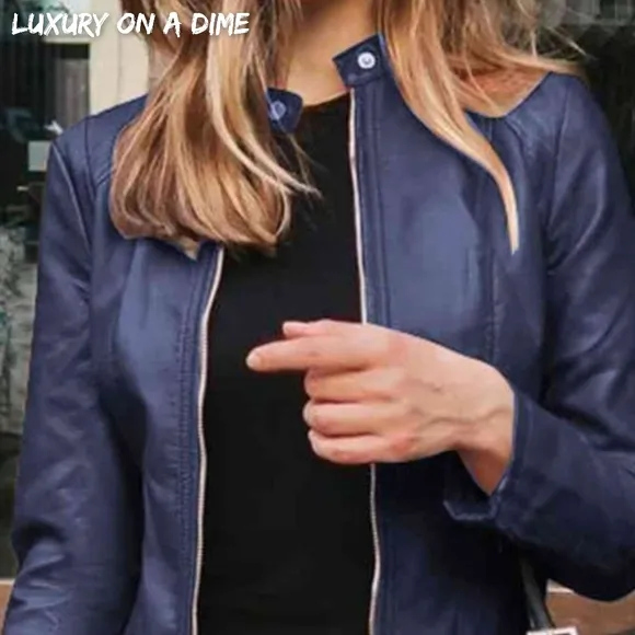 Chic Moto Vegan Leather Jacket Zip-up Sleek Snap Mock Neck Sleek Trendy Blue