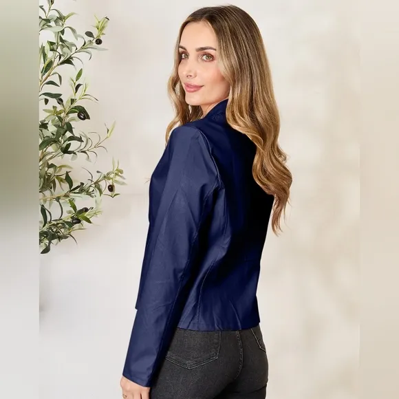 Chic Moto Vegan Leather Jacket Zip-up Sleek Snap Mock Neck Sleek Trendy Blue
