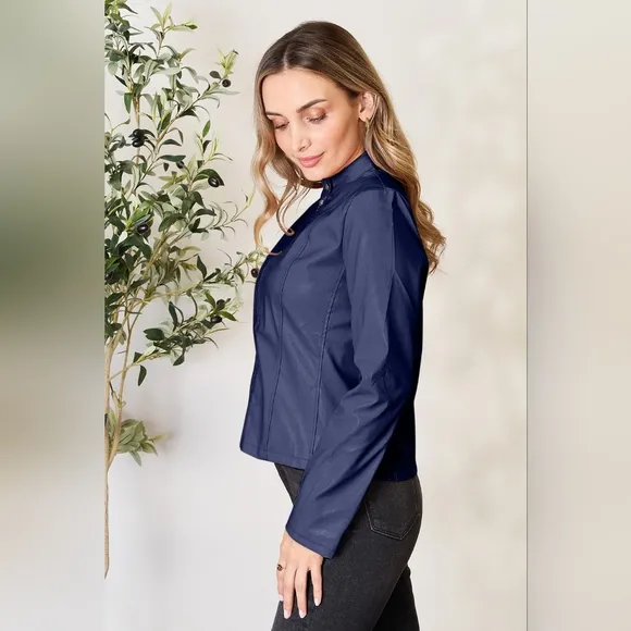 Chic Moto Vegan Leather Jacket Zip-up Sleek Snap Mock Neck Sleek Trendy Blue