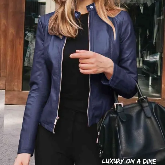 Chic Moto Vegan Leather Jacket Zip-up Sleek Snap Mock Neck Sleek Trendy Blue