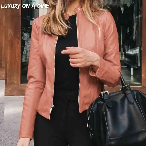 Chic Moto Vegan Leather Jacket Zip-up Sleek Snap Mock Neck Sleek Trendy Pink