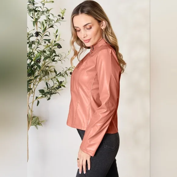 Chic Moto Vegan Leather Jacket Zip-up Sleek Snap Mock Neck Sleek Trendy Pink
