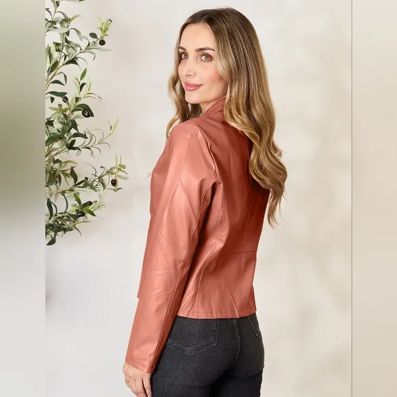 Chic Moto Vegan Leather Jacket Zip-up Sleek Snap Mock Neck Sleek Trendy Pink