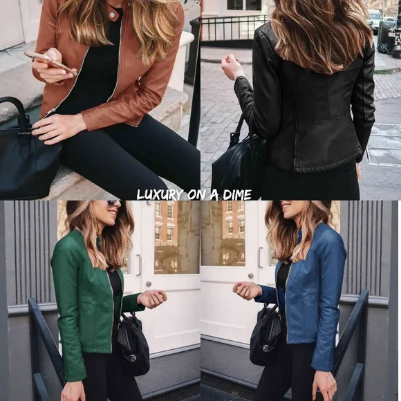Chic Moto Vegan Leather Jacket Zip-up Sleek Snap Mock Neck Sleek Trendy Pink