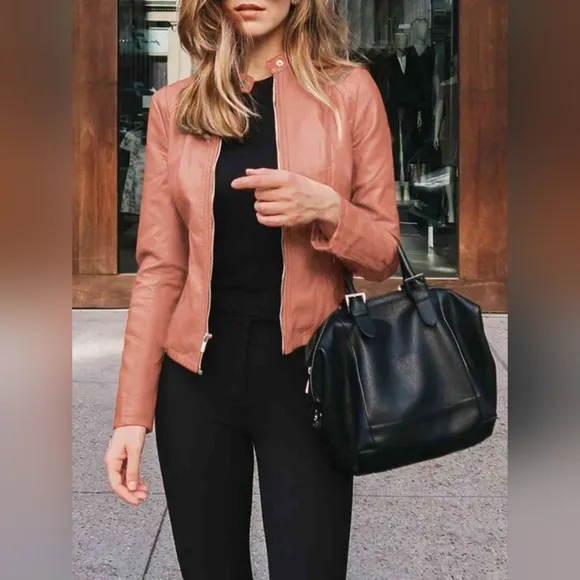 Chic Moto Vegan Leather Jacket Zip-up Sleek Snap Mock Neck Sleek Trendy Pink