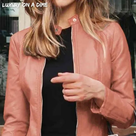 Chic Moto Vegan Leather Jacket Zip-up Sleek Snap Mock Neck Sleek Trendy Pink