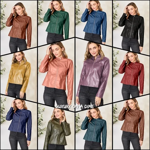 Chic Moto Vegan Leather Jacket Zip-up Sleek Snap Mock Neck Trendy Army Green