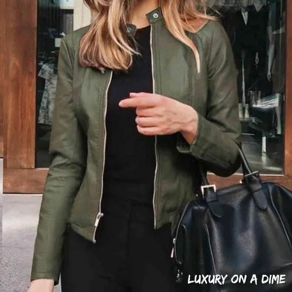 Chic Moto Vegan Leather Jacket Zip-up Sleek Snap Mock Neck Trendy Army Green