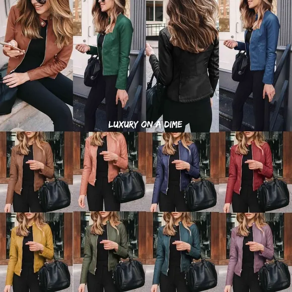 Chic Moto Vegan Leather Jacket Zip-up Sleek Snap Mock Neck Trendy Army Green