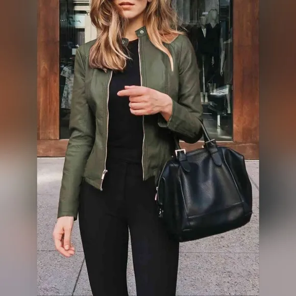 Chic Moto Vegan Leather Jacket Zip-up Sleek Snap Mock Neck Trendy Army Green