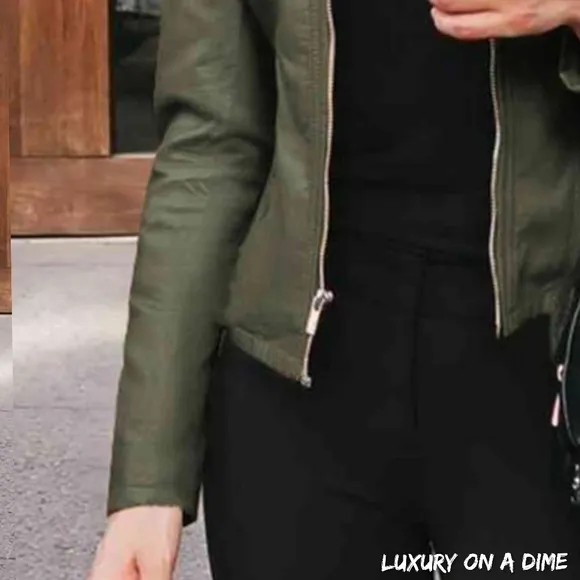 Chic Moto Vegan Leather Jacket Zip-up Sleek Snap Mock Neck Trendy Army Green
