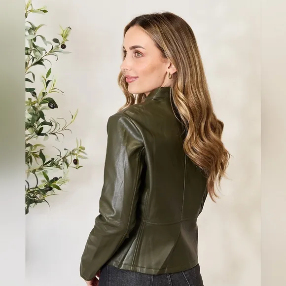 Chic Moto Vegan Leather Jacket Zip-up Sleek Snap Mock Neck Trendy Army Green