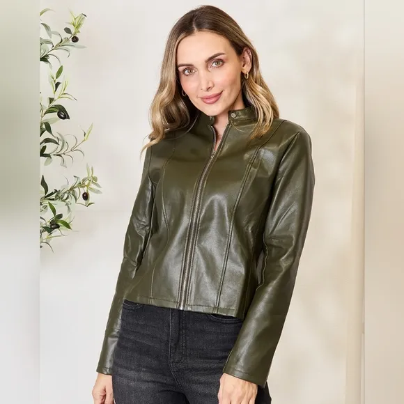 Chic Moto Vegan Leather Jacket Zip-up Sleek Snap Mock Neck Trendy Army Green