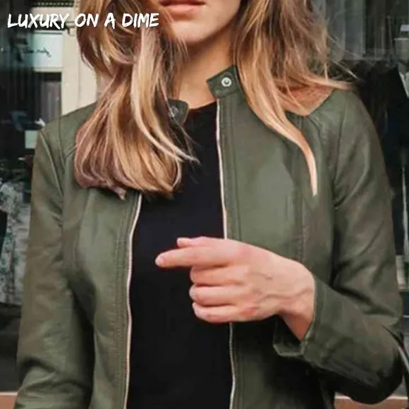 Chic Moto Vegan Leather Jacket Zip-up Sleek Snap Mock Neck Trendy Army Green
