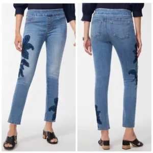 Chico’s Floral Applique Pull-On Ankle Jeggings Blue Embroidered Jeans Size 4