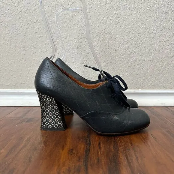 CHIE MIHARA Anthropologie Quilt Floral Lace-Up Oxford Heels in Black