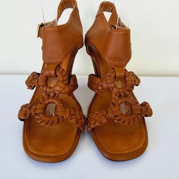 Chie Mihara Braided Ankle T Strap Leather Sandals Tan Brown Women's Size 38 8