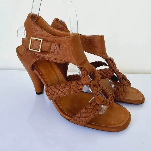 Chie Mihara Braided Ankle T Strap Leather Sandals Tan Brown Women's Size 38 8