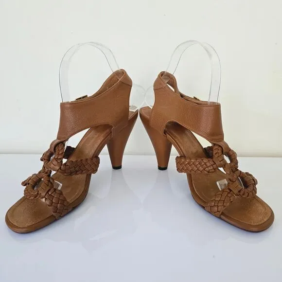 Chie Mihara Braided Ankle T Strap Leather Sandals Tan Brown Women's Size 38 8