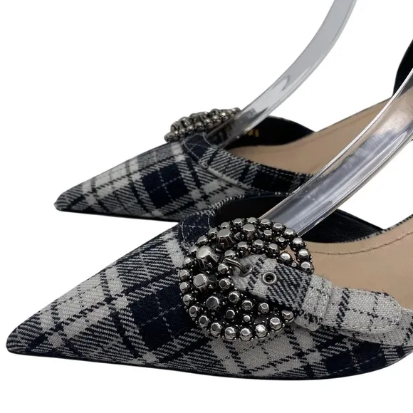 Christian Dior Womens Shoes Gang Slingback Pumps Sz 6 Tartan Black White Leather
