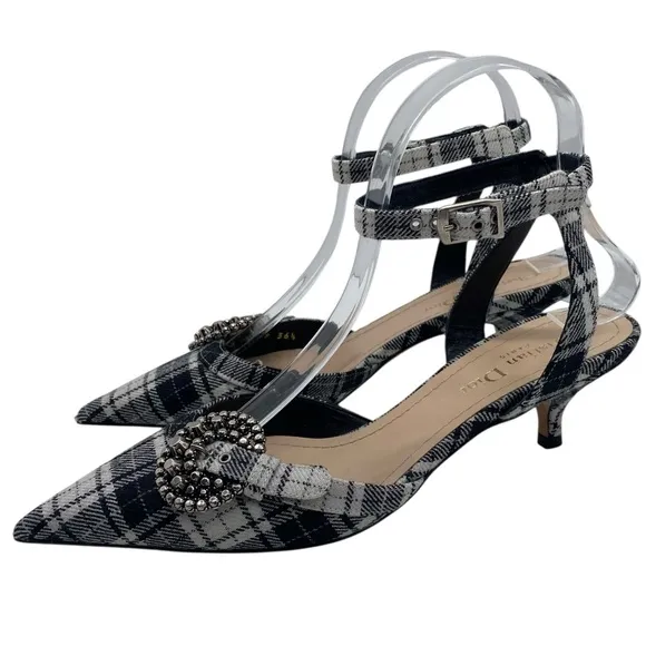 Christian Dior Womens Shoes Gang Slingback Pumps Sz 6 Tartan Black White Leather