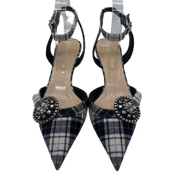 Christian Dior Womens Shoes Gang Slingback Pumps Sz 6 Tartan Black White Leather