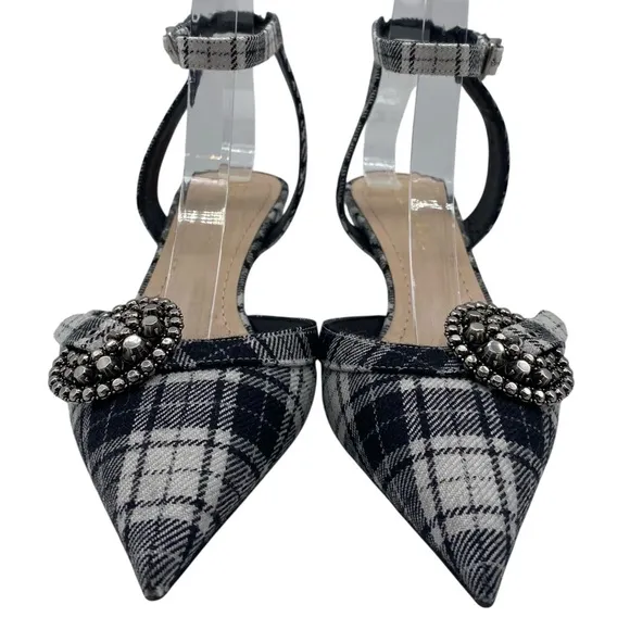 Christian Dior Womens Shoes Gang Slingback Pumps Sz 6 Tartan Black White Leather
