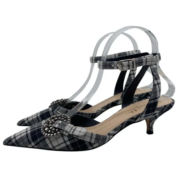 Christian Dior Womens Shoes Gang Slingback Pumps Sz 6 Tartan Black White Leather