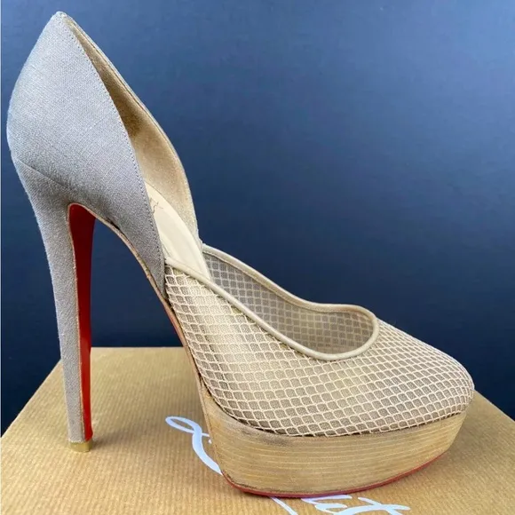 Christian Louboutin Aragna Nude Fishnet Heels Sz 38/7.5 with Sole Guard and Box