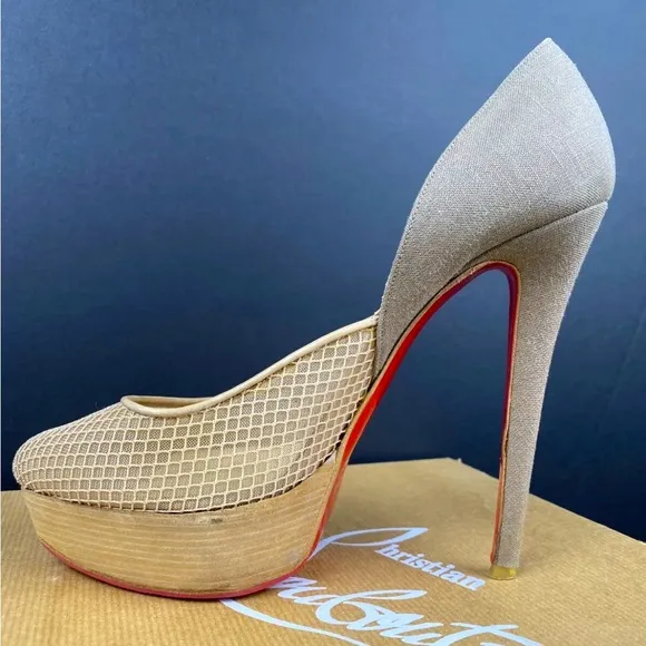 Christian Louboutin Aragna Nude Fishnet Heels Sz 38/7.5 with Sole Guard and Box