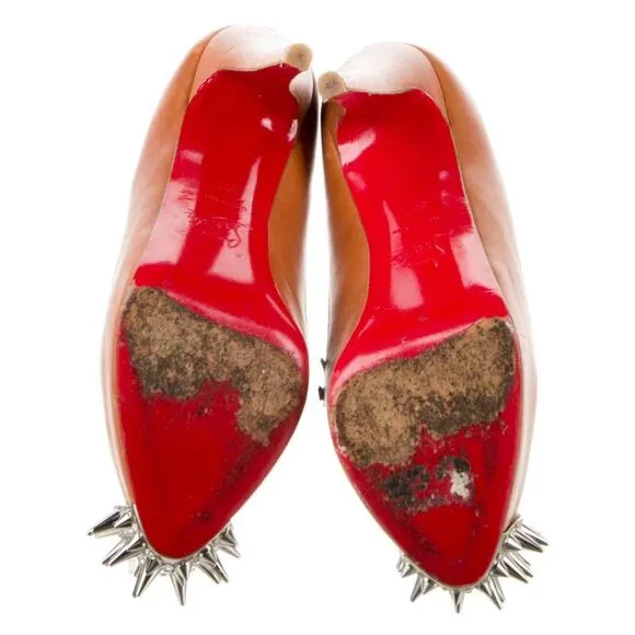 CHRISTIAN LOUBOUTIN CAMEL ASTEROID SPIKES SNAKE LEATHER PLATFORM PUMPS EU 37.5