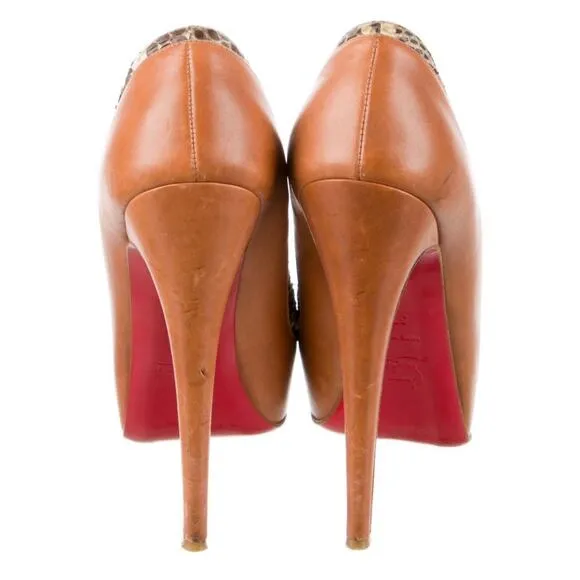 CHRISTIAN LOUBOUTIN CAMEL ASTEROID SPIKES SNAKE LEATHER PLATFORM PUMPS EU 37.5