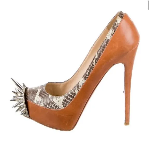 CHRISTIAN LOUBOUTIN CAMEL ASTEROID SPIKES SNAKE LEATHER PLATFORM PUMPS EU 37.5