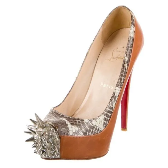 CHRISTIAN LOUBOUTIN CAMEL ASTEROID SPIKES SNAKE LEATHER PLATFORM PUMPS EU 37.5