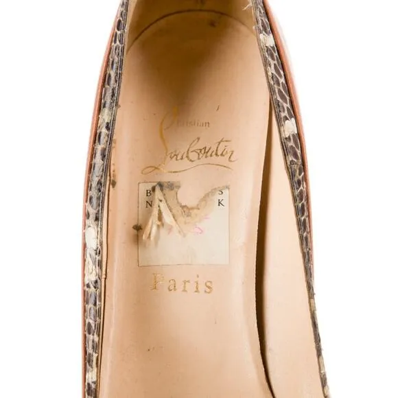 CHRISTIAN LOUBOUTIN CAMEL ASTEROID SPIKES SNAKE LEATHER PLATFORM PUMPS EU 37.5