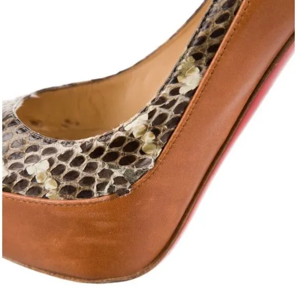 CHRISTIAN LOUBOUTIN CAMEL ASTEROID SPIKES SNAKE LEATHER PLATFORM PUMPS EU 37.5