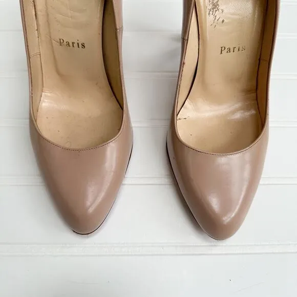 Christian Louboutin Decollete 868 Leather PumpsNude Beige Round Toe Red 37.5