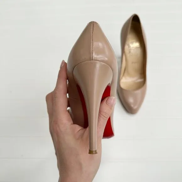 Christian Louboutin Decollete 868 Leather PumpsNude Beige Round Toe Red 37.5