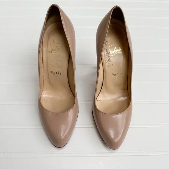 Christian Louboutin Decollete 868 Leather PumpsNude Beige Round Toe Red 37.5