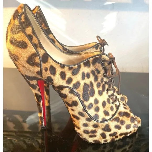 Christian Louboutin Lady Derby 120 Ponyhair Leopard  Fur Bootie Pumps 40/9-9.5