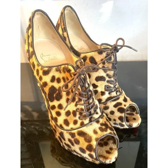 Christian Louboutin Lady Derby 120 Ponyhair Leopard  Fur Bootie Pumps 40/9-9.5